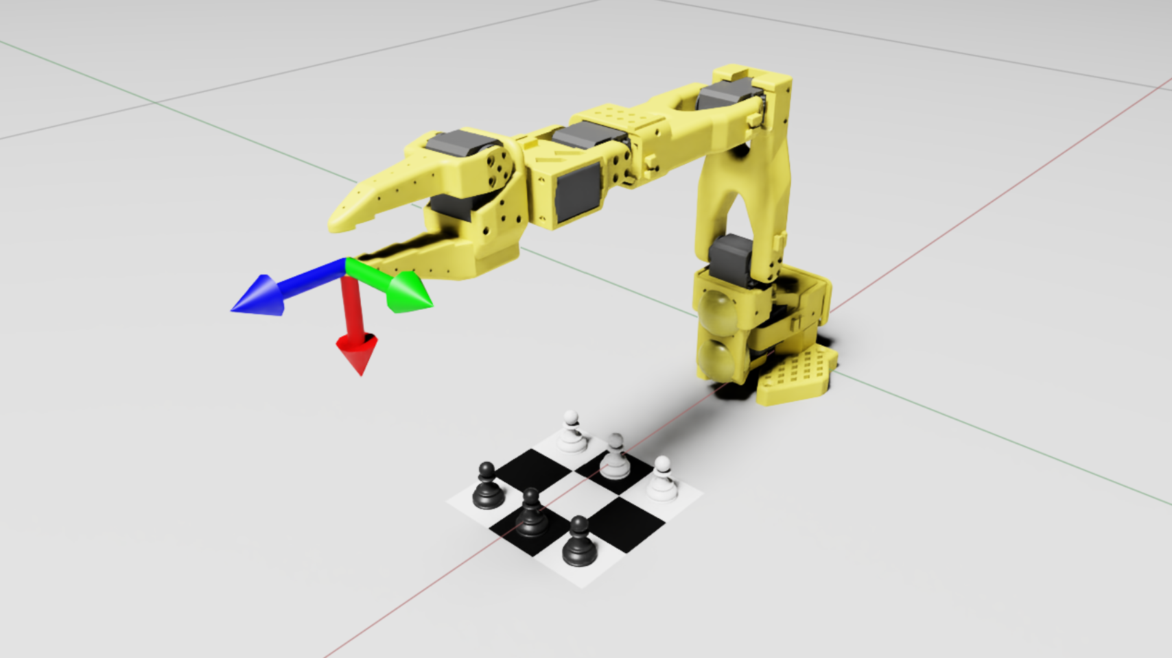 Simulation view of a robot and a three by three chess board