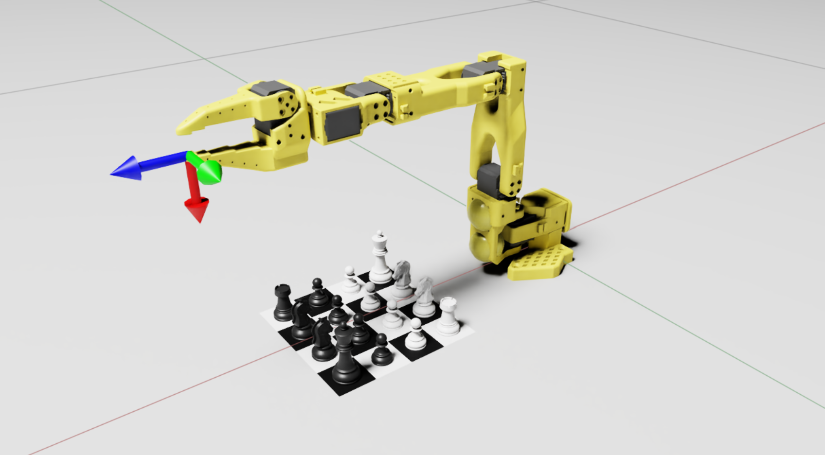 Simulation view of a robot and a four by four chess board