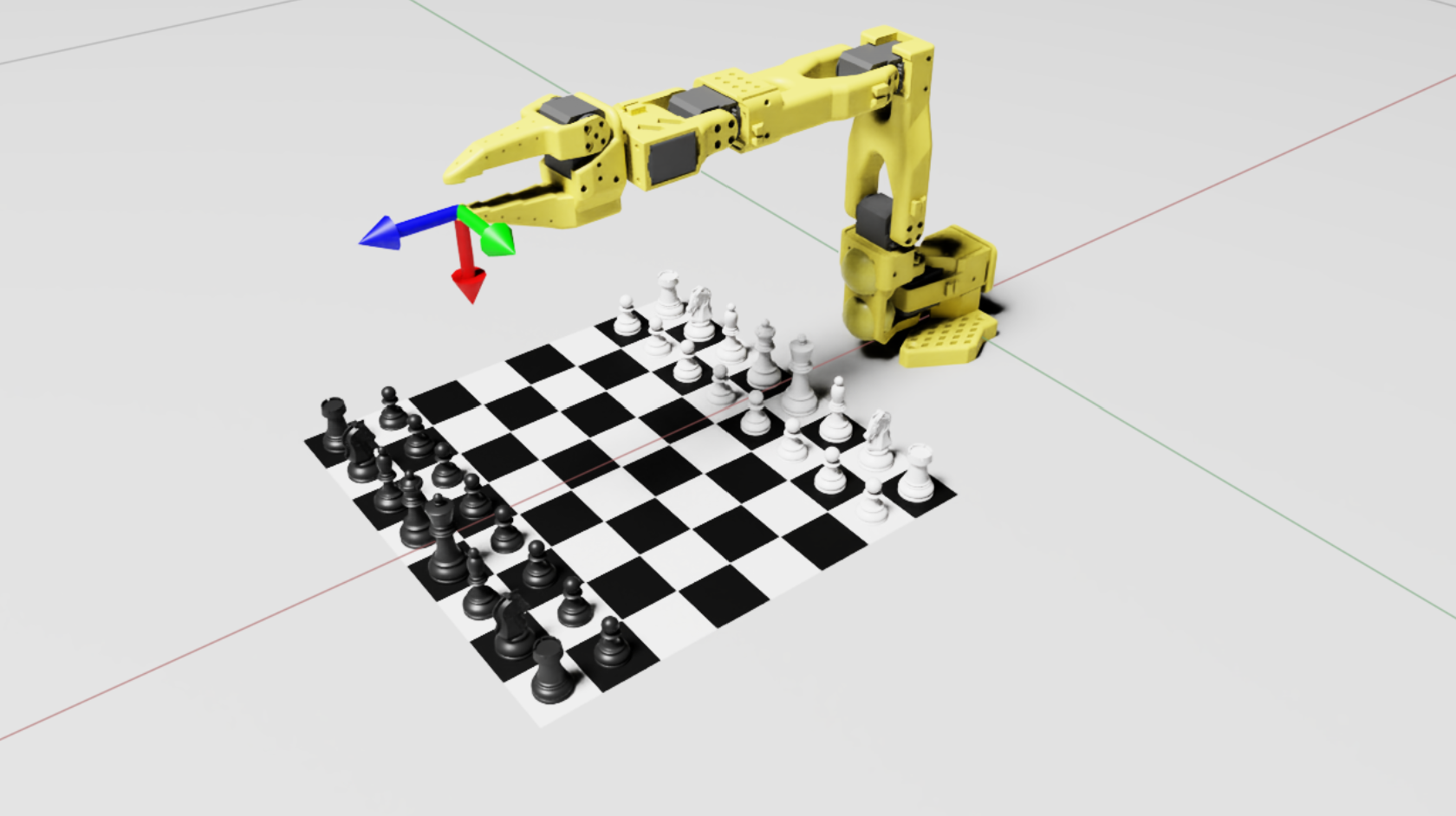 Simulation view of a robot and a standard eight by eight chess board
