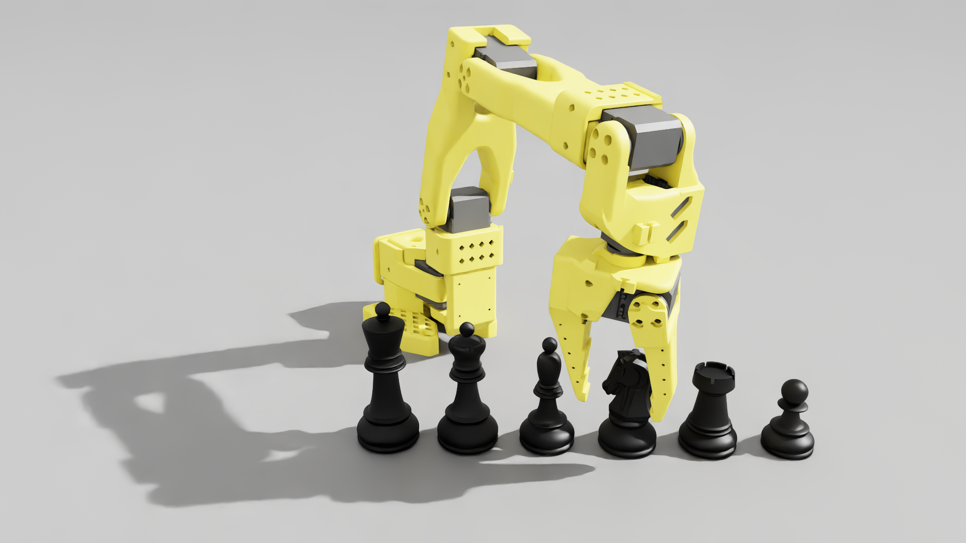 Simulation rendering of a robot arm positioned over chess pieces